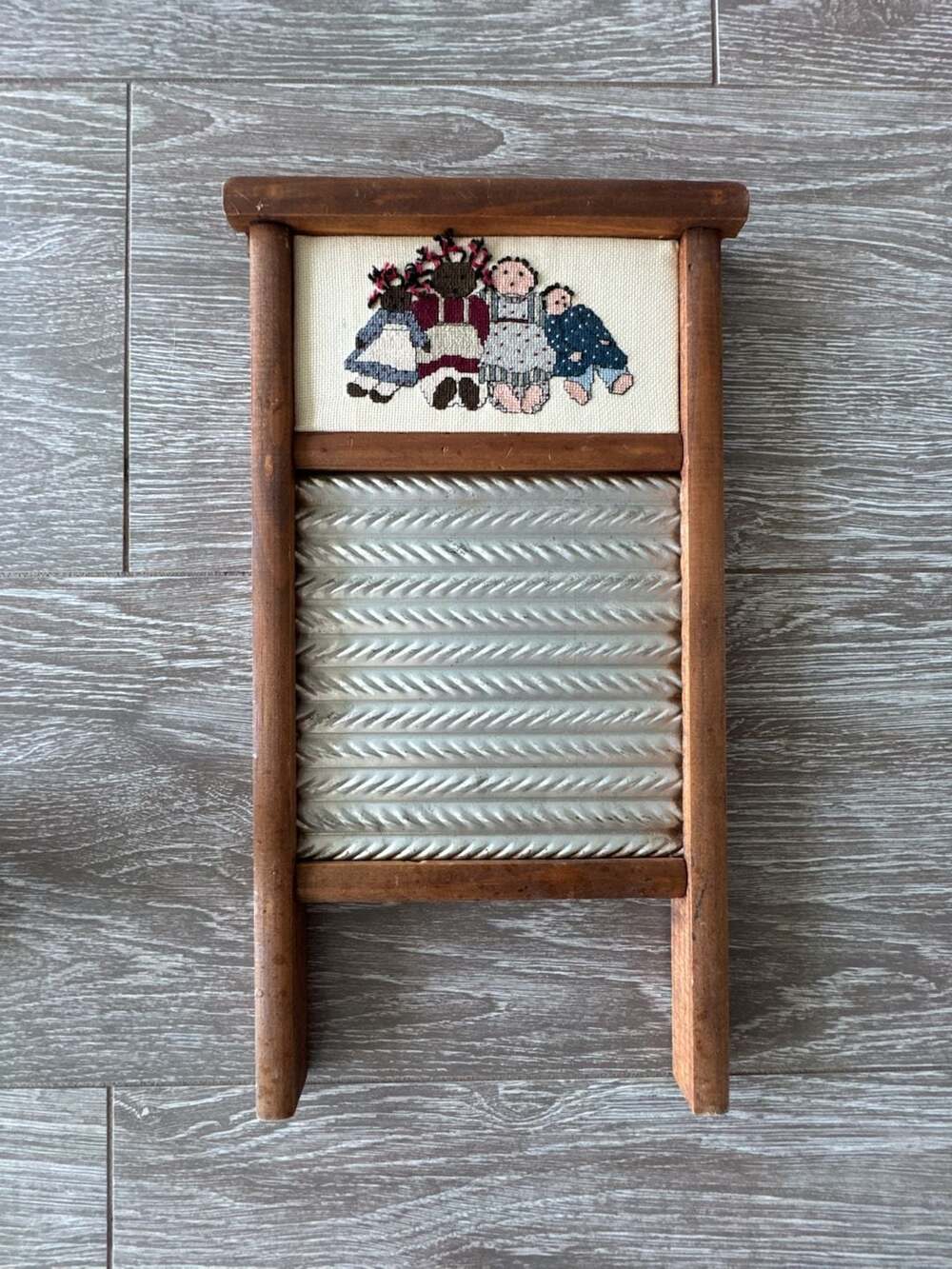 Vintage Wooden Washboard with Needlepoint Folk Art